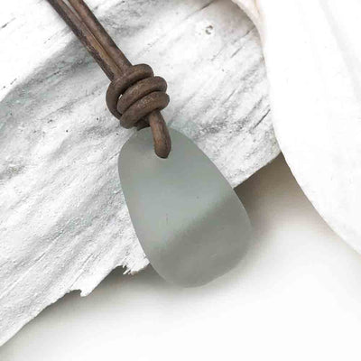 Smallest Ice Gray Sea Glass Leather Necklace
