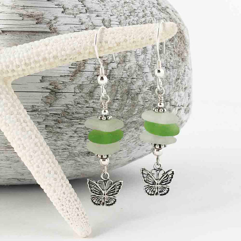 Green and Clear Sea Glass Sea Stack Earrings with Sterling Silver Butterfly Charms