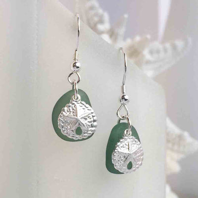Smoky Teal Sea Glass Earrings with Sterling Silver Sand Dollar Charms