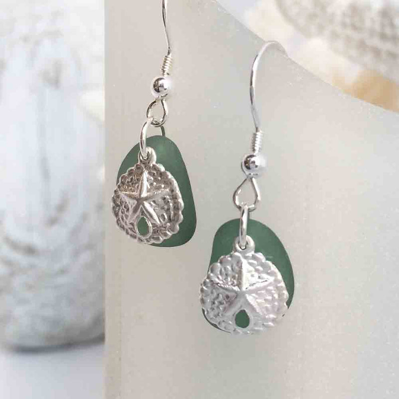 Smoky Teal Sea Glass Earrings with Sterling Silver Sand Dollar Charms