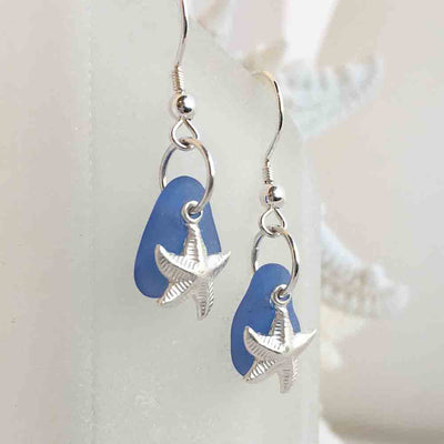 Cornflower Blue Sea Glass Earrings with Sterling Silver Starfish Charms