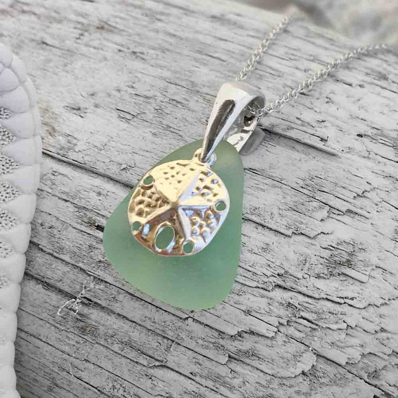 Seafoam Sea Glass Necklace with Sand Dollar Charm 