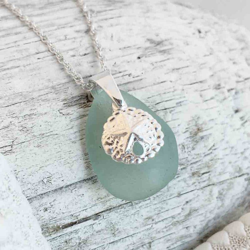 Seafoam Sea Glass Necklace with Sand Dollar Charm