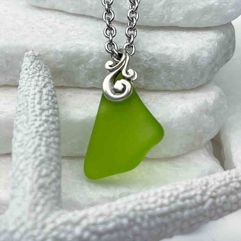Bright Lime Sea Glass Necklace with Sterling Silver Ocean Waves Bail