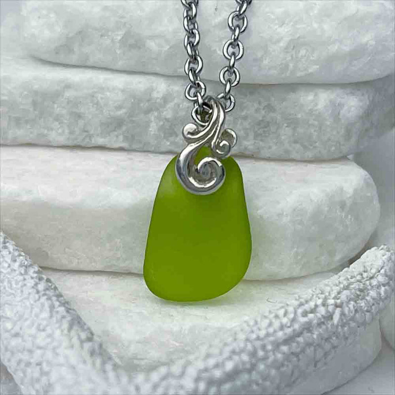 Bright Lime Sea Glass Necklace with Sterling Silver Ocean Waves Bail