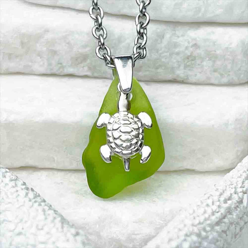 Lime Green Bottle Bottom Sea Glass Necklace with Sterling Silver Sea Turtle Charm