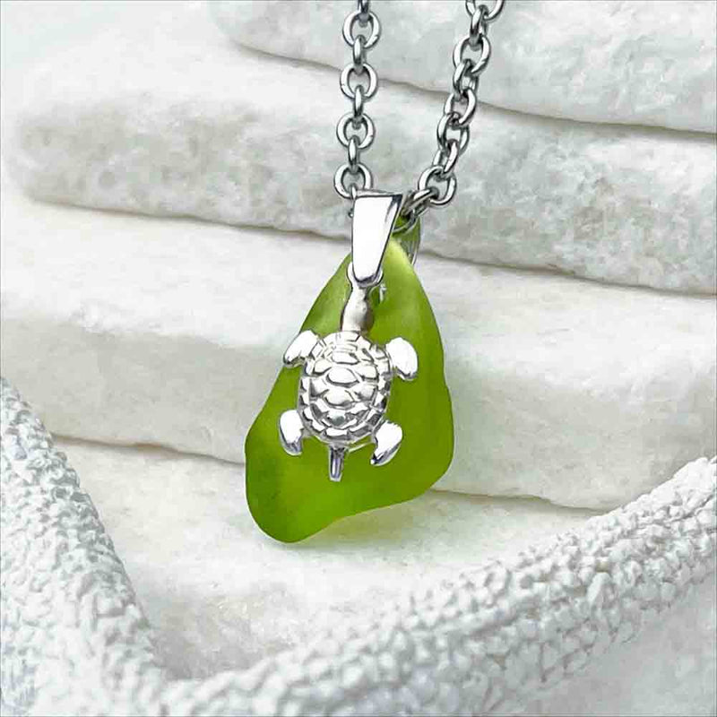 Lime Green Bottle Bottom Sea Glass Necklace with Sterling Silver Sea Turtle Charm