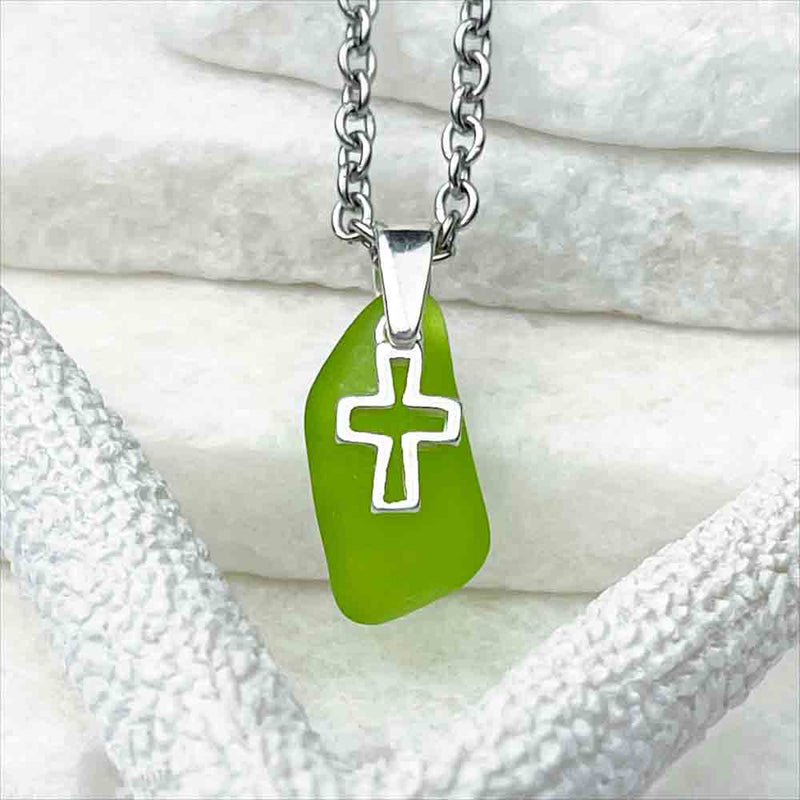 Lime Green Sea Glass Necklace with Sterling Silver Cross Charm