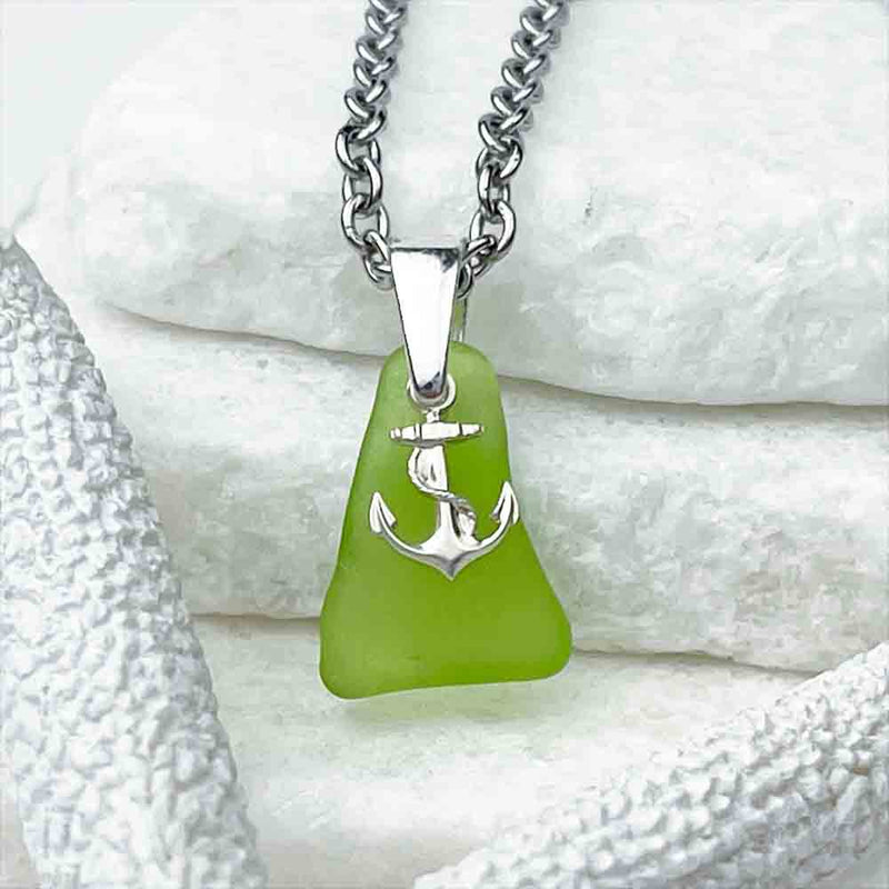 Lime Green Sea Glass Necklace with Sterling Silver Anchor Charm