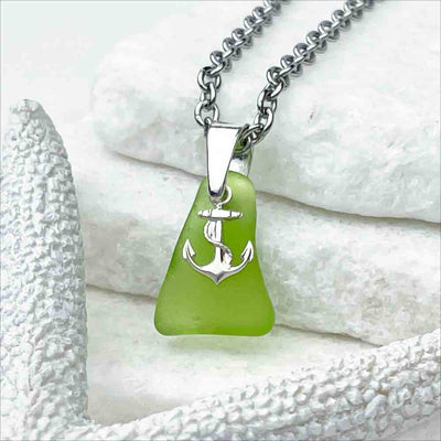 Lime Green Sea Glass Necklace with Sterling Silver Anchor Charm