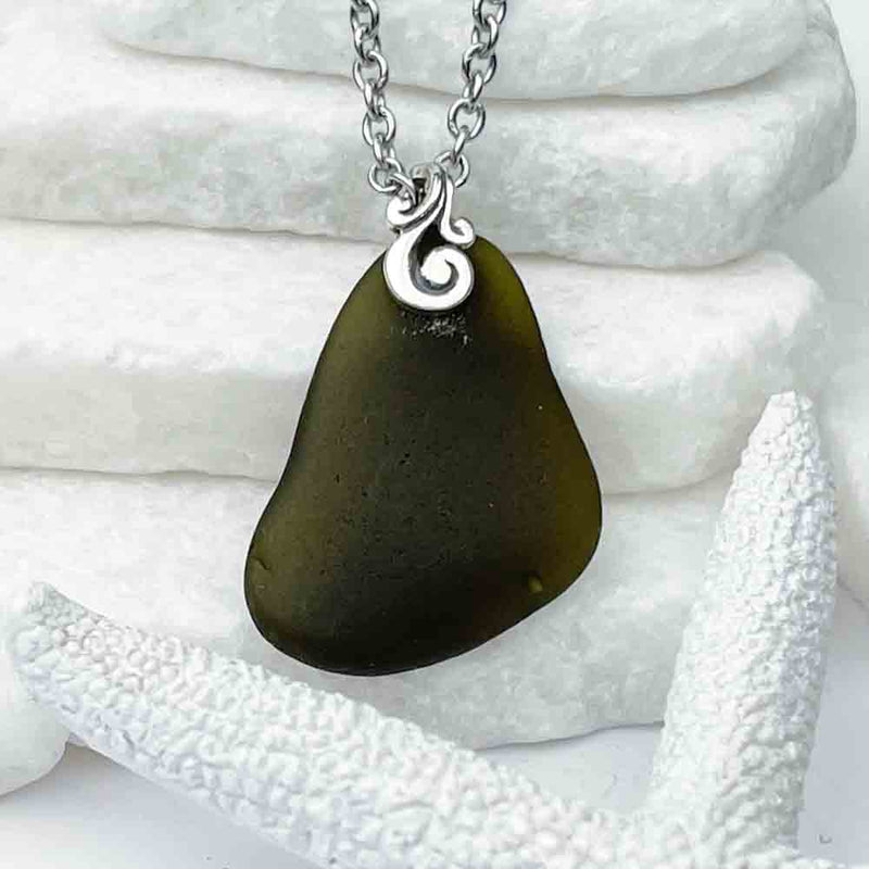 Olive Black Sea Glass Necklace with Sterling Silver Ocean Waves Bail