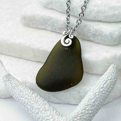 Olive Black Sea Glass Necklace with Sterling Silver Ocean Waves Bail
