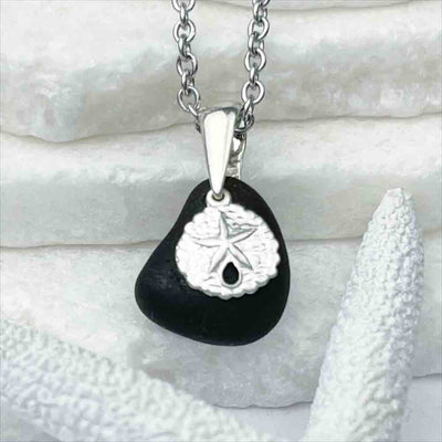 Black Sea Glass Bubble Necklace with a Sterling Silver Sand Dollar Charm
