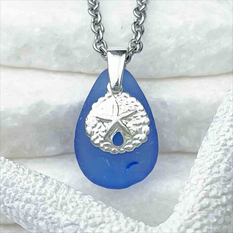 Cornflower Blue Sea Glass Necklace with Sterling Silver Sand Dollar Charm