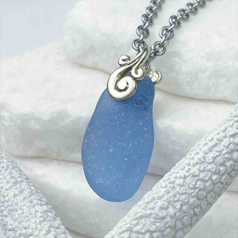 Taper of Cornflower Blue Sea Glass Necklace with Sterling Silver Ocean Waves Bail