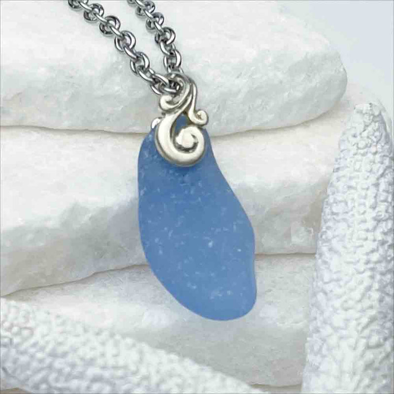 Taper of Cornflower Blue Sea Glass Necklace with Sterling Silver Ocean Waves Bail