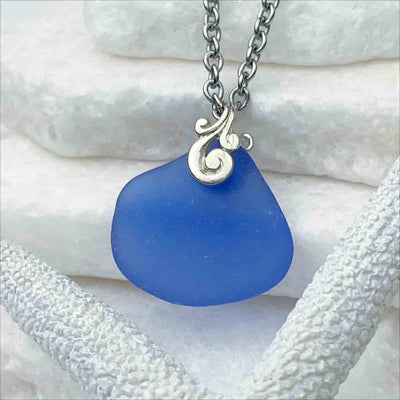 Fan of Cornflower Blue Sea Glass Necklace with Sterling Silver Ocean Waves Bail