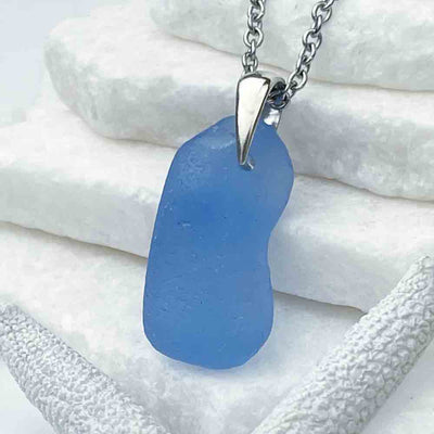 Huge, Thick Cornflower Blue Sea Glass Necklace with Sterling Silver Bail