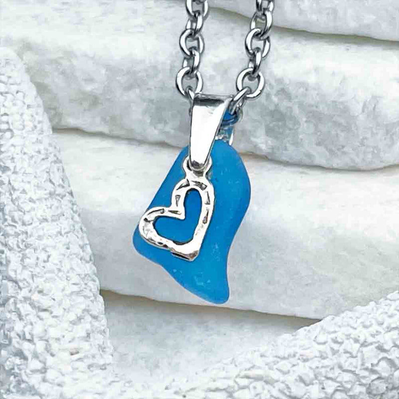 Daring, Dynamic Duo of Turquoise Sea Glass Pendant and Sterling Silver Charm | View the entire collection of guaranteed authentic Sea Glass! Real Sea Glass Necklaces | Bracelets | Earrings | Rings | Rare Colors Our Specialty | 30+ Years Experience