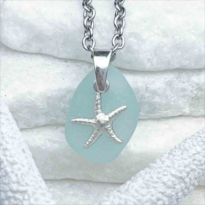 Imaginative Ice Aqua Sea Glass Pendant Partnered with Sterling Silver Starfish| Guaranteed Genuine Beach Gathered Sea Glass in Necklaces, Pendants, Rings, Bracelets and Anklets | 30+ Years Experience | Comes Complete with Sea Glass Guide