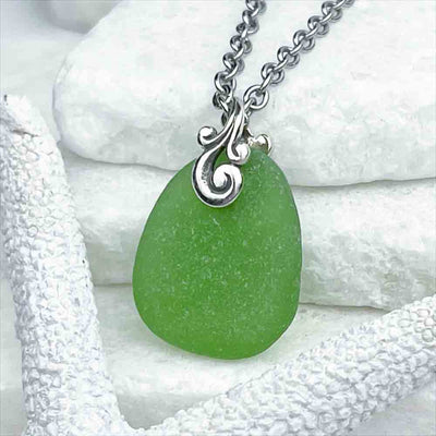 Pristine Kelly Green Sea Glass Pendant Partnered with our Classic Ocean Waves Bail | Guaranteed Genuine Beach Gathered Sea Glass in Necklaces, Pendants, Rings, Bracelets, and Anklets| 30+ Years Experience| Comes Complete with Sea Glass Guide 