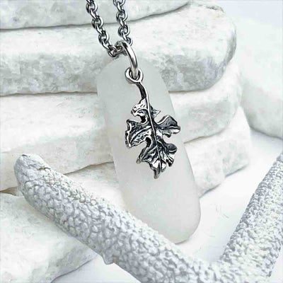 Striking Crystal Clear Sea Glass Pendant with Autumn Leaf Charm| View the entire collection of guaranteed authentic Sea Glass! Real Sea Glass Necklaces | Bracelets | Earrings | Rings | Rare Colors Our Specialty | 30+ Years Experience