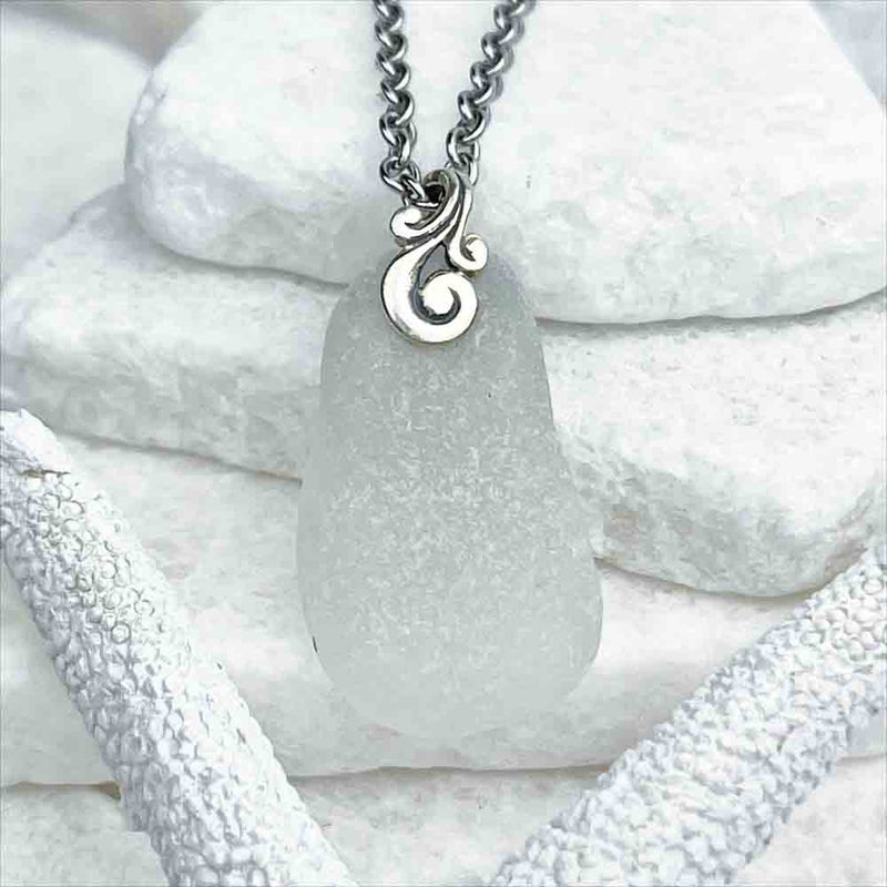 A Wonderfully Frosted Clear Sea Glass Pendant | Real Sea Glass Necklaces, Pendants, Earrings, Bracelets, Anklets | Only Real Sea Glass | Certified Genuine | Extensive Collection of Rare Real Sea Glass For Sale