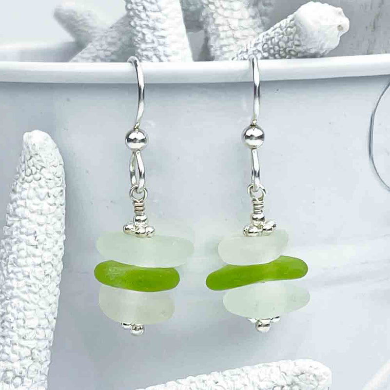 Lime Green and Clear Sea Glass Sea Stack Earrings | Real Sea Glass
