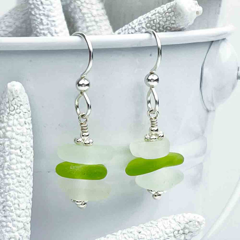 Lime Green and Clear Sea Glass Sea Stack Earrings | Real Sea Glass