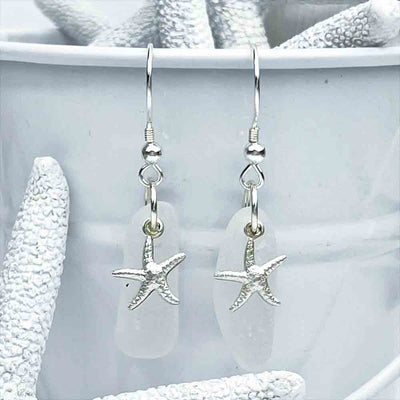 Dangling Crystal Clear Sea Glass Earrings with Sea Star Charms 