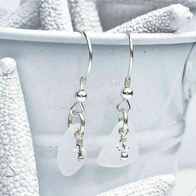 Dainty White Sea Glass Earrings with Swarovski Crystal Beads 