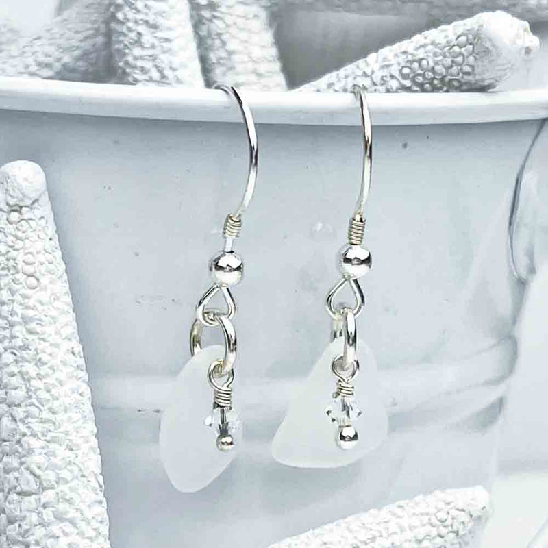Dainty White Sea Glass Earrings with Swarovski Crystal Beads 