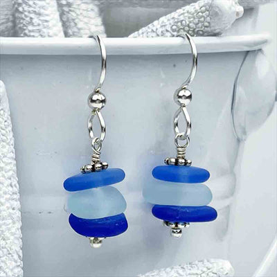 Cornflower and Cobalt Blue with Clear Sea Glass Sea Stack Earrings