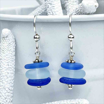 Cornflower and Cobalt Blue with Clear Sea Glass Sea Stack Earrings