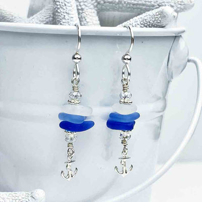Cornflower and Cobalt Blue with Clear Sea Glass Sea Stack Earrings with Swarovski Beads and Anchor Charms