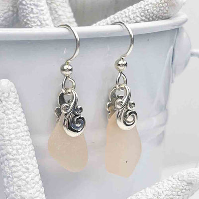 Classic Soft Pink Sea Glass Earrings with Ocean Waves Findings 