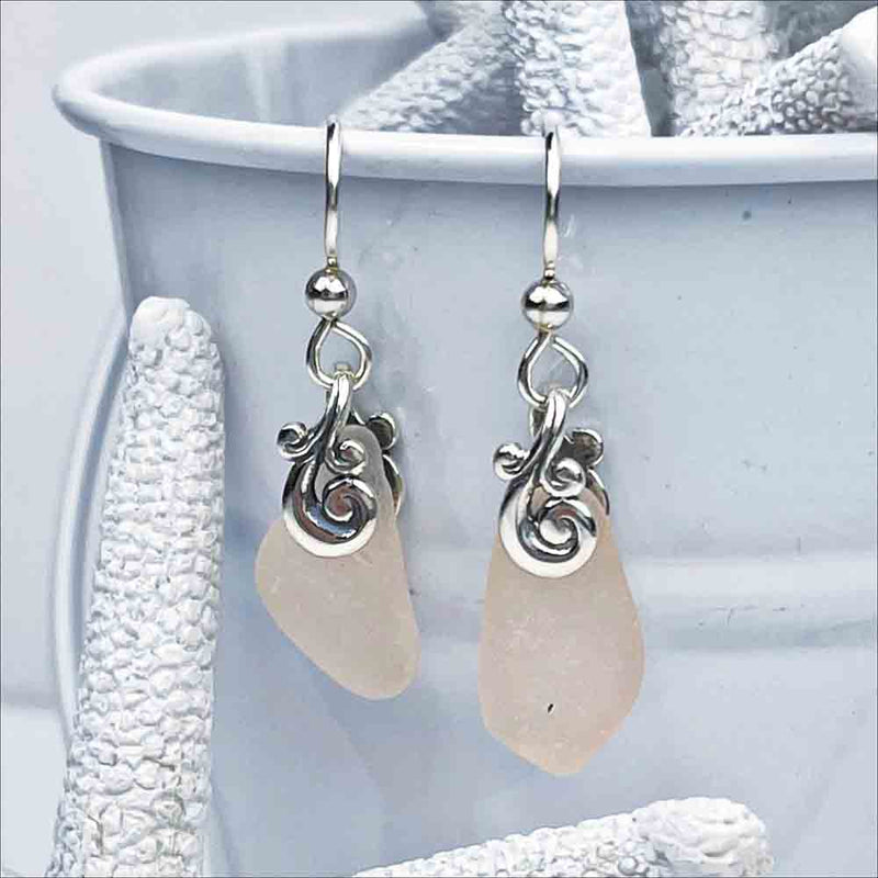 Classic Soft Pink Sea Glass Earrings with Ocean Waves Findings 
