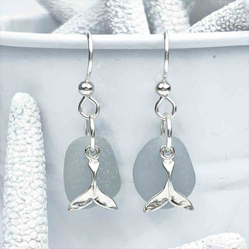Dusk Gray Sea Glass Earrings with Sterling Silver Tail Charms