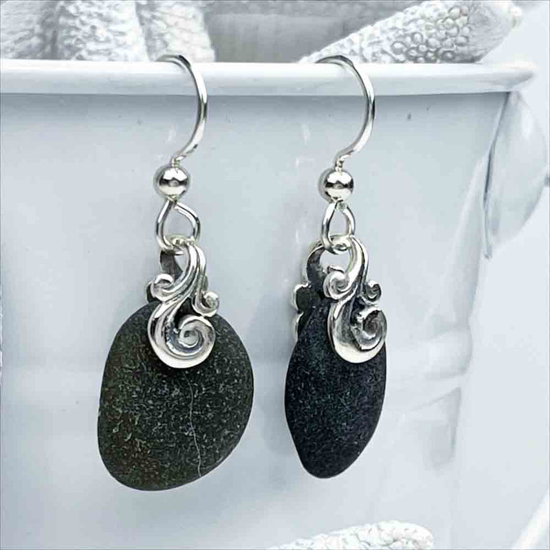Deep Sea Black Sea Glass Earrings with Sterling Silver Ocean Waves Findings