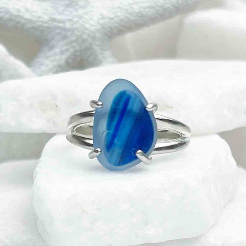 Mesmerizing Blue English Multi Sea Glass Ring in Sterling Silver Size 8