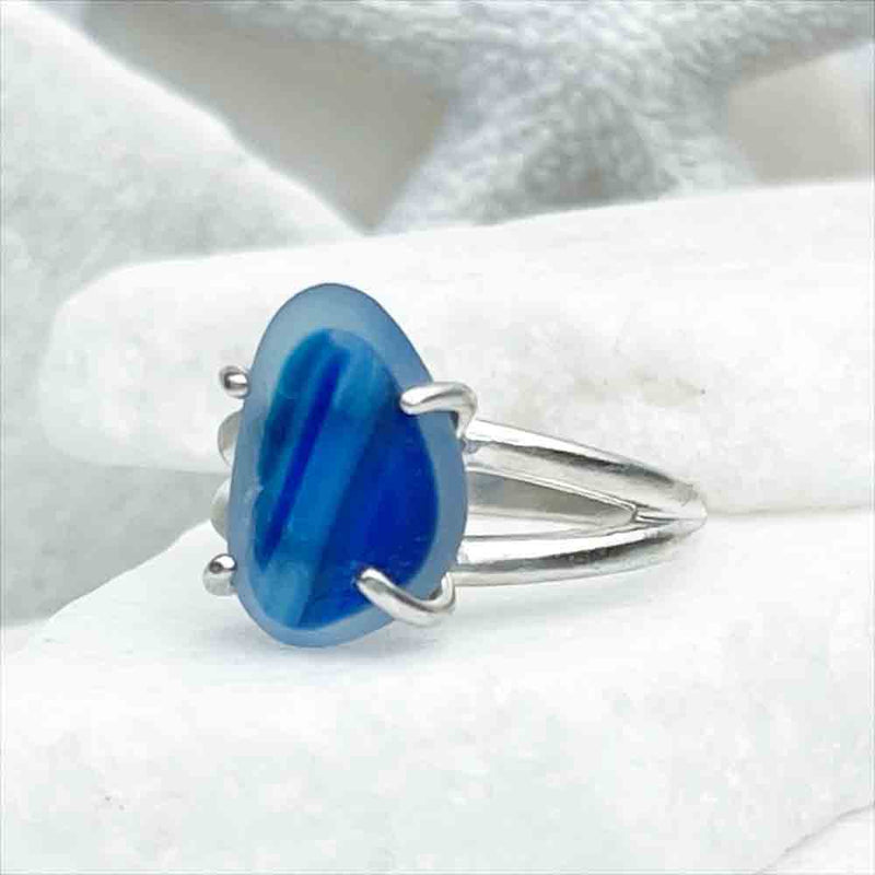 Mesmerizing Blue English Multi Sea Glass Ring in Sterling Silver Size 8