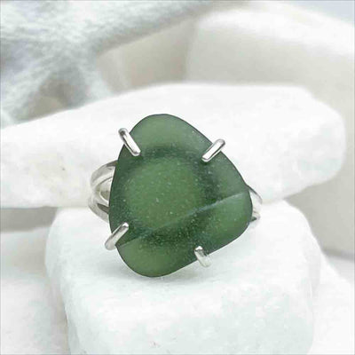 Antique Teal Sea Glass Ring in Sterling Silver Size 8