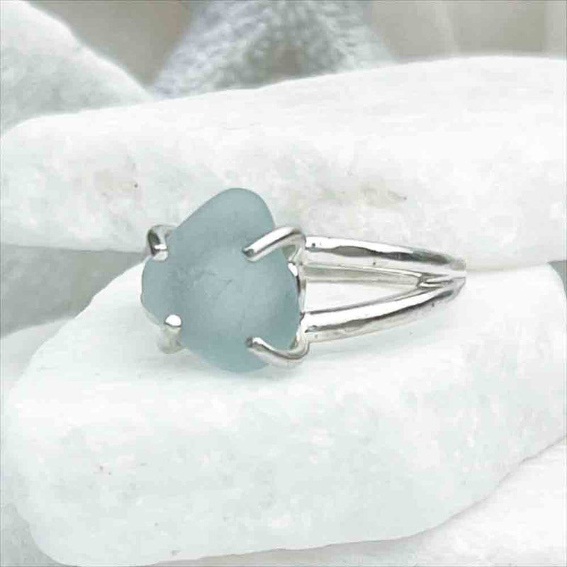 Soft Blue Raindrop Sea Glass Ring in Sterling Silver Size 8 