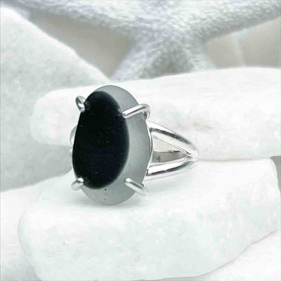Daring Black English Multi Sea Glass Ring in Sterling Silver Size 8