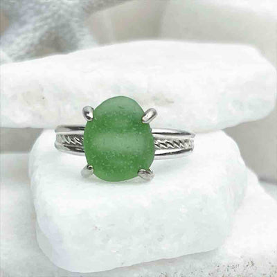 Cheerful Kelly Green Sea Glass Ring in Sterling Silver Size 7 