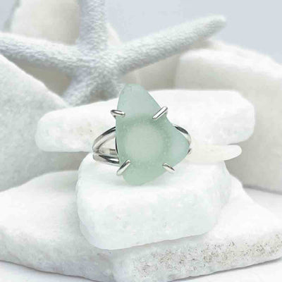 Antique, Large Soft Blue Sea Glass Ring in Sterling Silver Size 9 