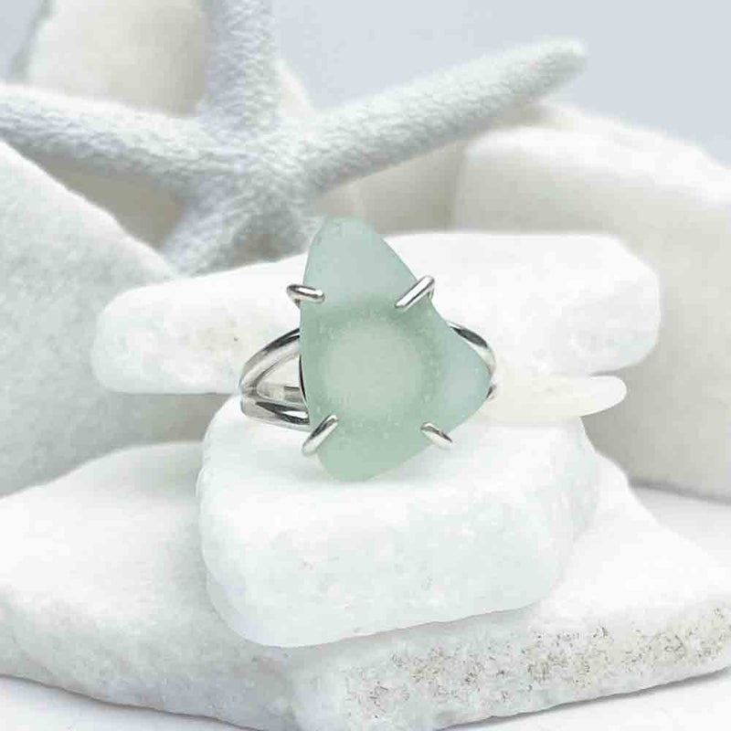 Antique, Large Soft Blue Sea Glass Ring in Sterling Silver Size 9 