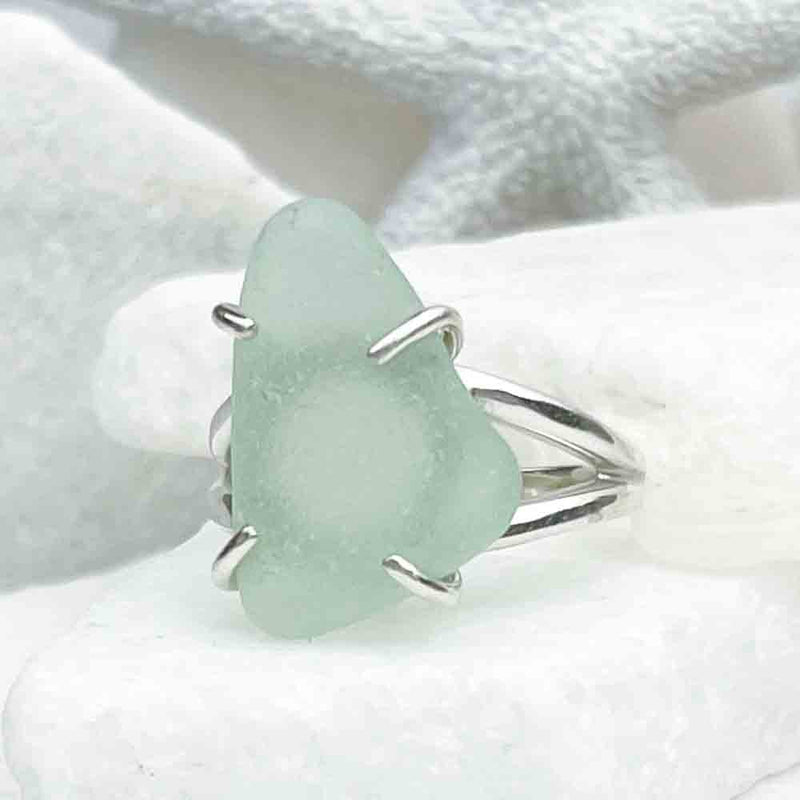 Antique, Large Soft Blue Sea Glass Ring in Sterling Silver Size 9 