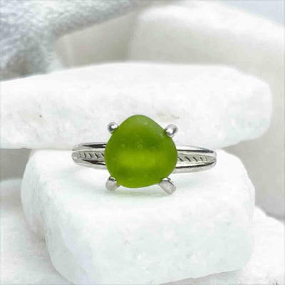 Lime Green Sea Glass Ring in Sterling Silver Decorative Band Size 7