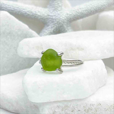 Lime Green Sea Glass Ring in Sterling Silver Decorative Band Size 7